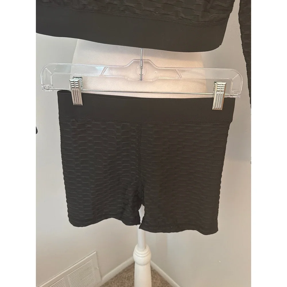 SHEIN‎ Kids Girls Black Honeycomb Textured Activewear Set Crop Top Shorts 11-12Y